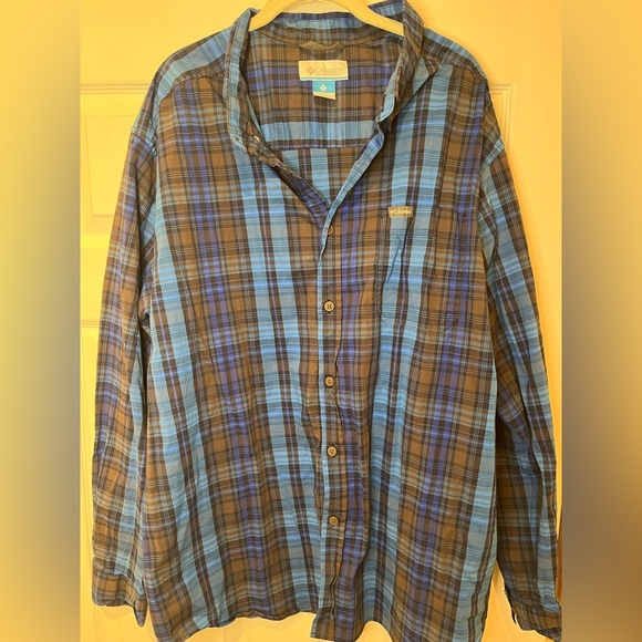 3XL Columbia Blue and Brown Plaid Button Down Shirt - Picture 1 of 5